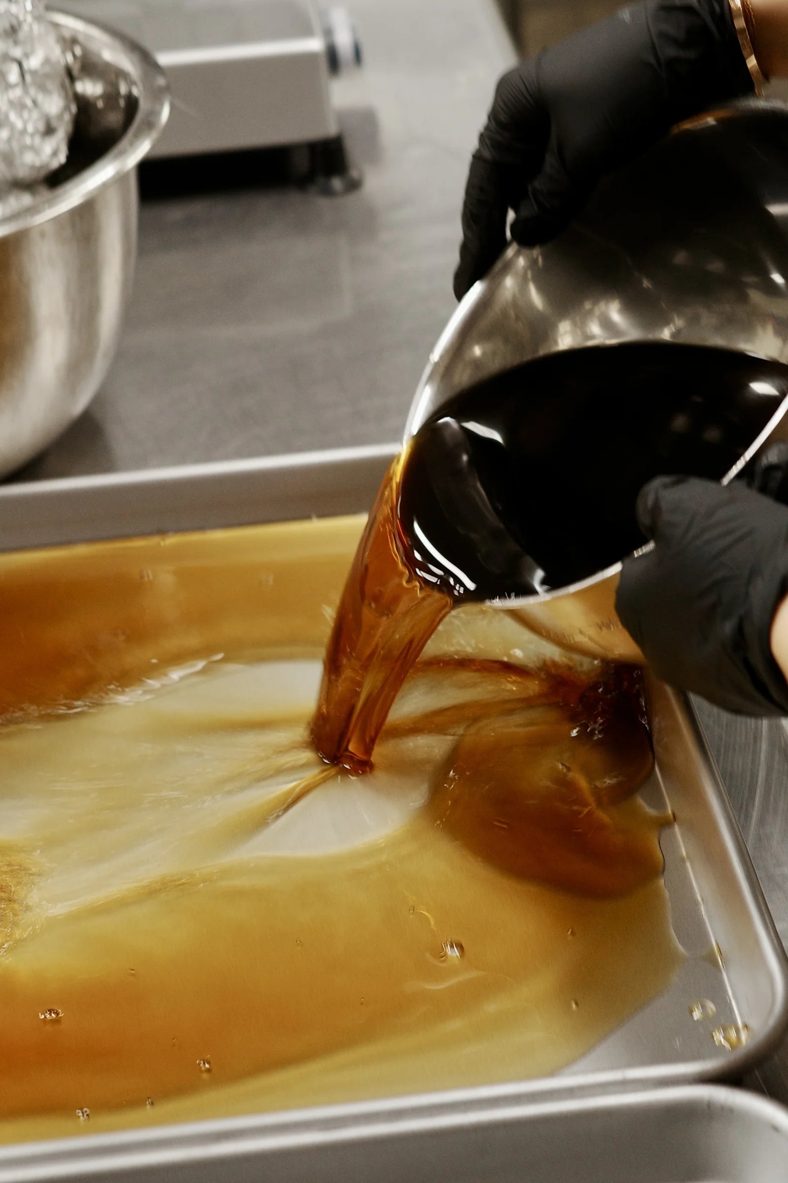 The marinade poured into the dipping tray